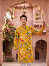 Men's Mustard Yellow Multicolor Botanical Print Festive Kurta 6