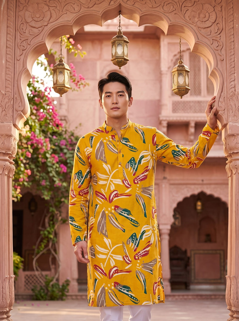 Men's Mustard Yellow Multicolor Botanical Print Festive Kurta 6