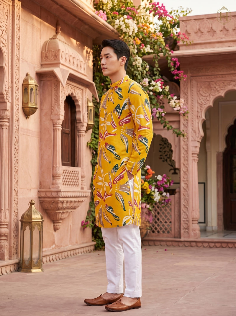 Men's Mustard Yellow Multicolor Botanical Print Festive Kurta 7