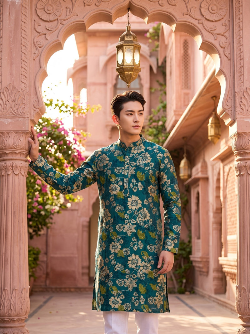 Men's Teal Green Floral Print Festive Kurta 6