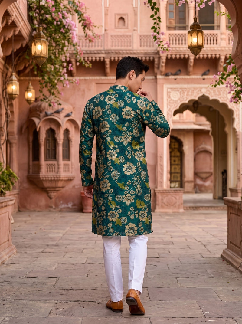 Men's Teal Green Floral Print Festive Kurta 5