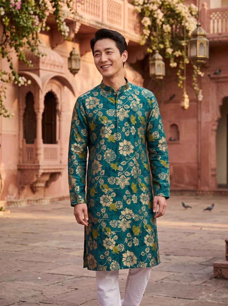 Men's Teal Green Floral Print Festive Kurta 1
