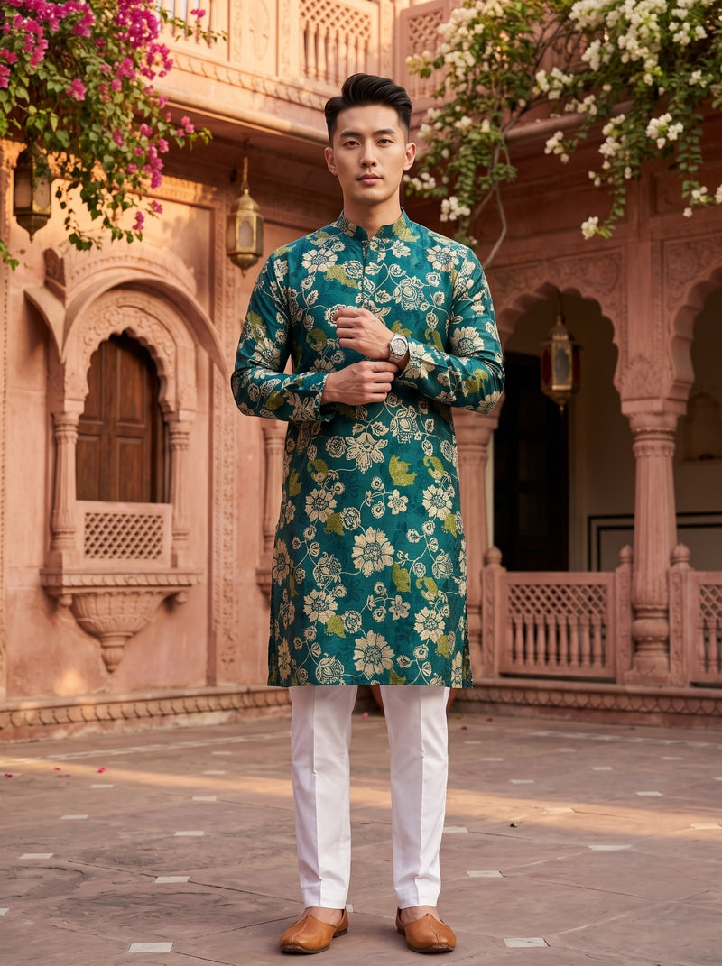Men's Teal Green Floral Print Festive Kurta 10