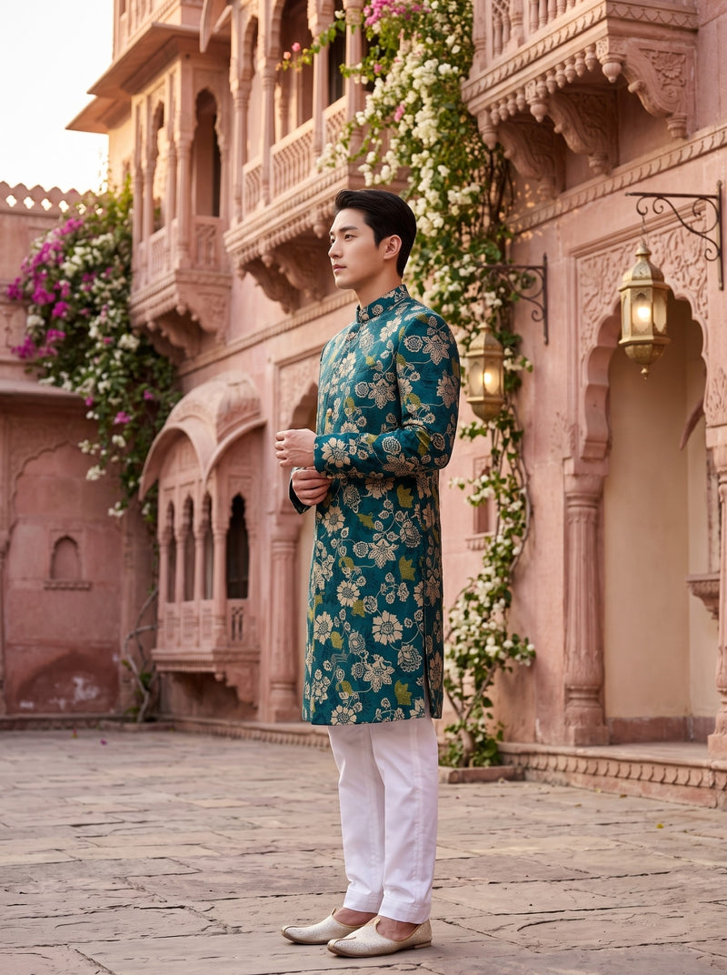 Men's Teal Green Floral Print Festive Kurta 7