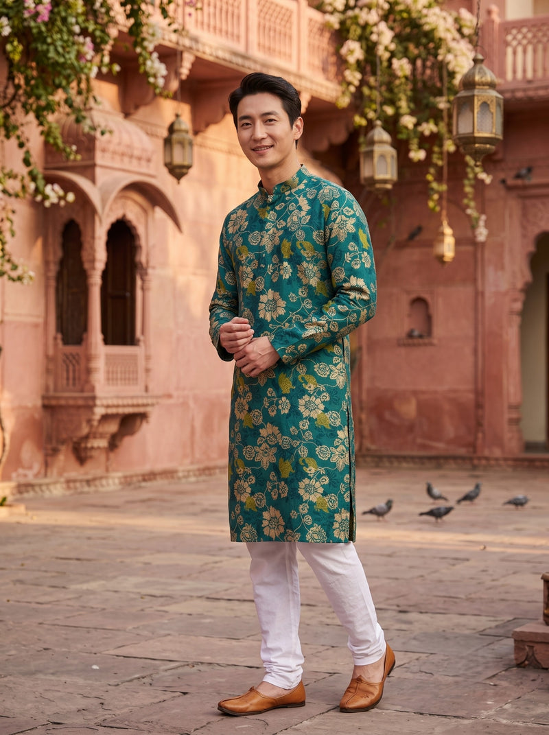 Men's Teal Green Floral Print Festive Kurta 3