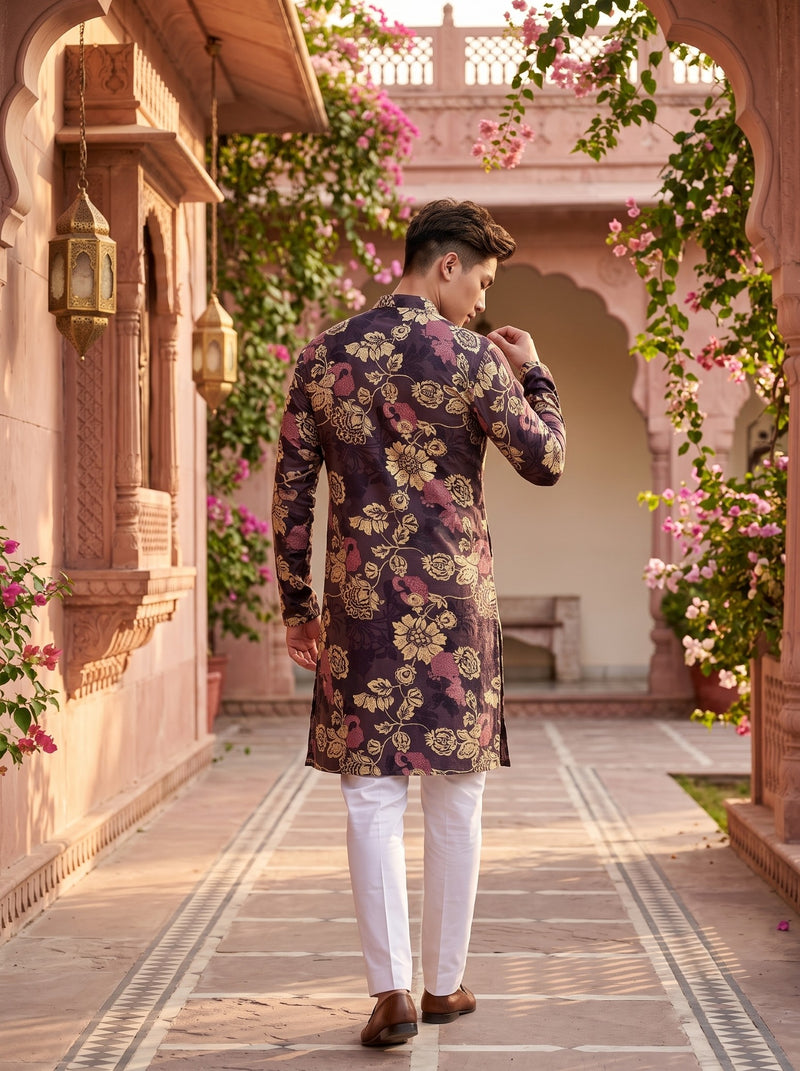 Men's Plum Purple Floral Festive Kurta 4