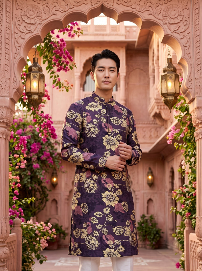 Men's Plum Purple Floral Festive Kurta 5
