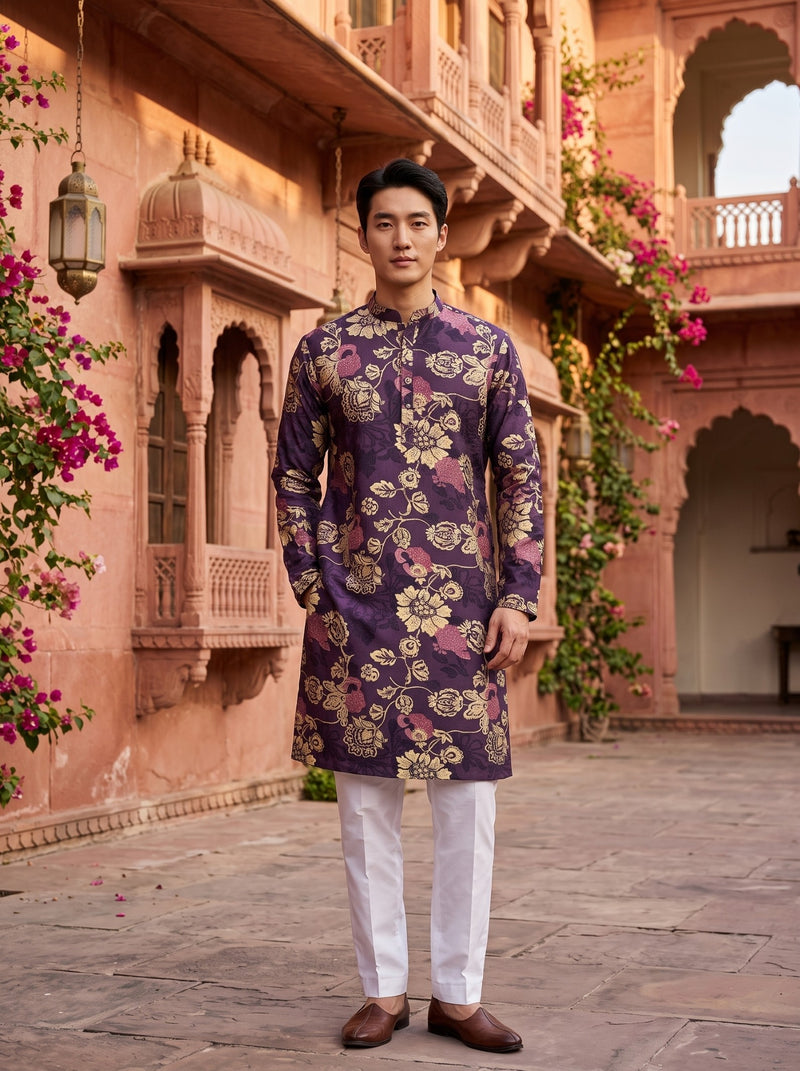 Men's Plum Purple Floral Festive Kurta 1