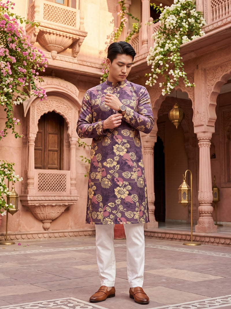 Men's Plum Purple Floral Festive Kurta 7