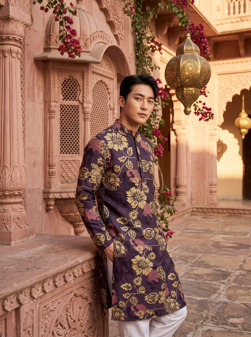 Men's Plum Purple Floral Festive Kurta 9