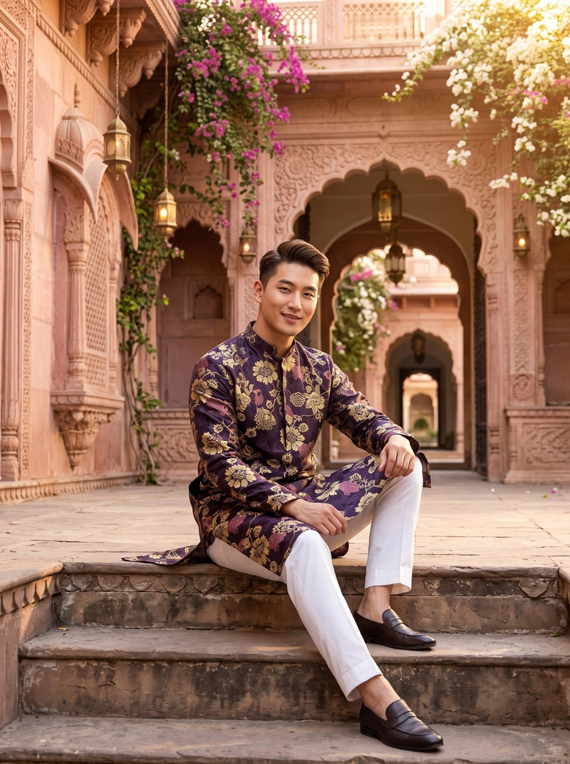 Men's Plum Purple Floral Festive Kurta 10