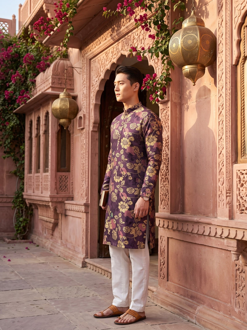 Men's Plum Purple Floral Festive Kurta 6