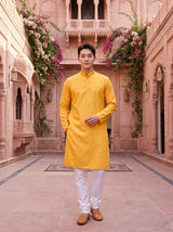 Men's Mustard Yellow Magic Cloth Kurta Pyjama Set 4