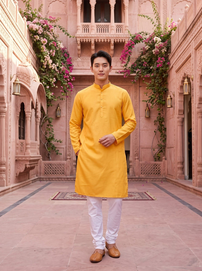 Men's Mustard Yellow Magic Cloth Kurta Pyjama Set 4