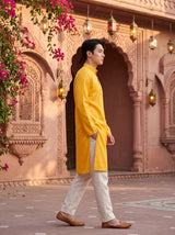 Men's Mustard Yellow Magic Cloth Kurta Pyjama Set 6