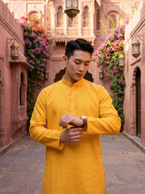 Men's Mustard Yellow Magic Cloth Kurta Pyjama Set 1