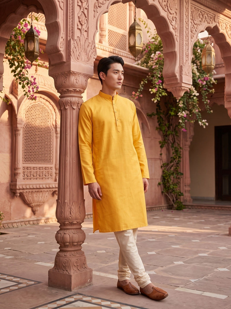 Men's Mustard Yellow Magic Cloth Kurta Pyjama Set 9