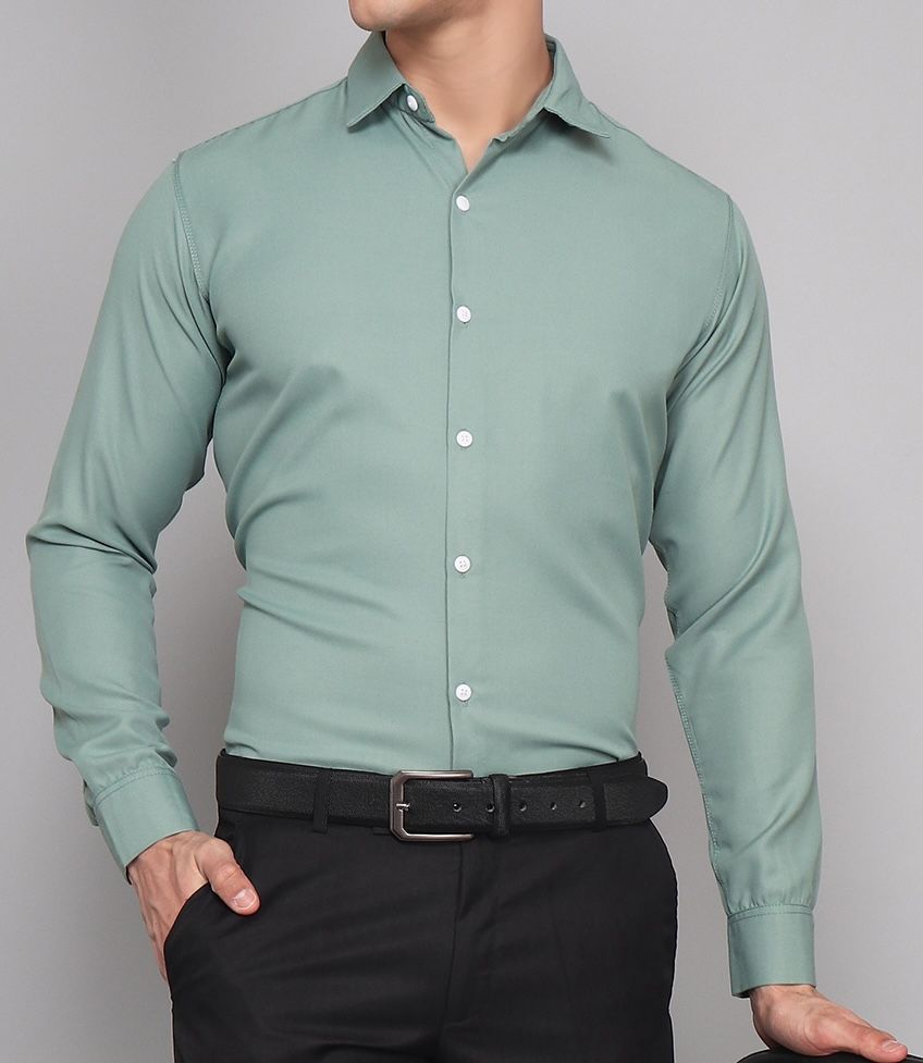 Men's ocean green solid regular-fit shirt, product view