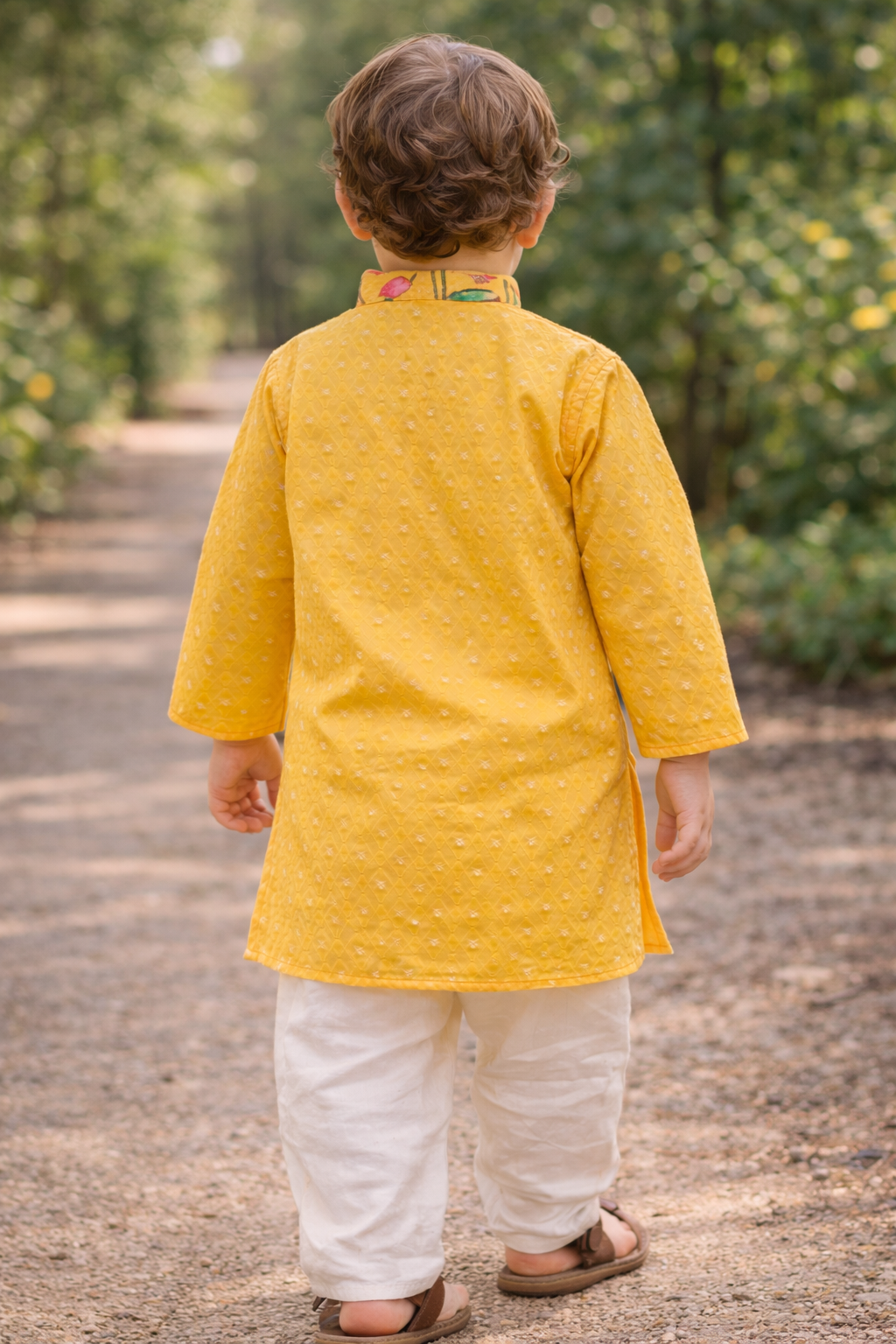 Yellow kids kurta size 20 back view with white pyjama