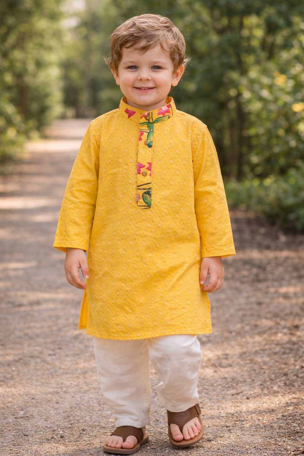 Yellow kids kurta size 20 front view with white pyjama