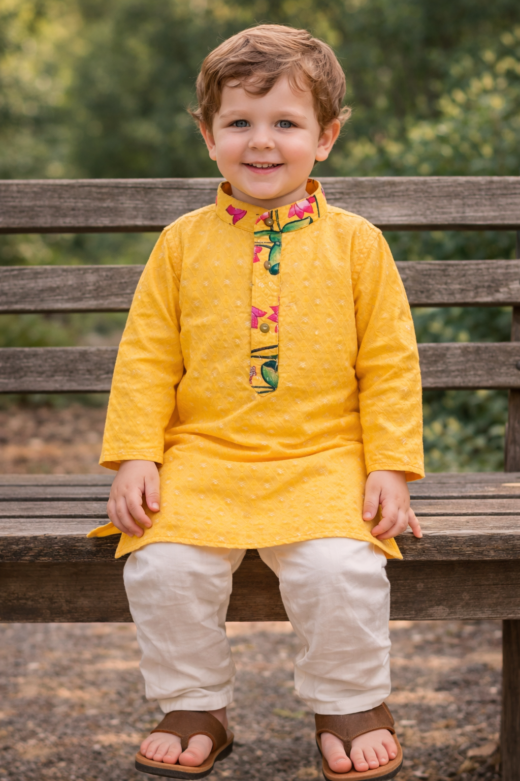 Yellow kids kurta size 20 sitting pose with white pyjama