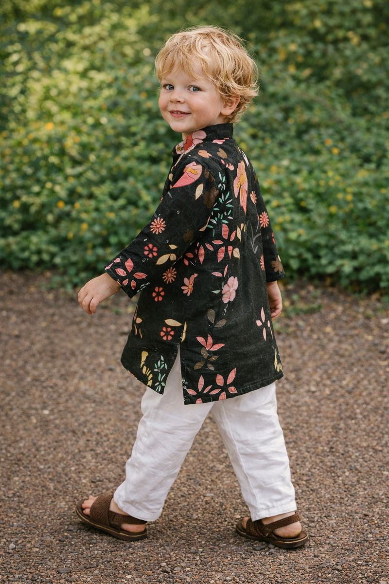 TryBuy Boys Black Floral Embroidered Printed Kurta Pajama Set - Size 20 (3-4 Years) | TB_610_KID 8
