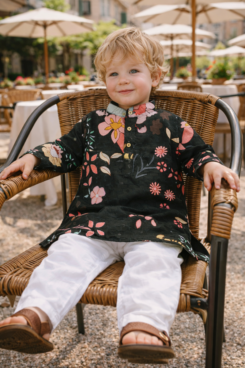 TryBuy Boys Black Floral Embroidered Printed Kurta Pajama Set - Size 20 (3-4 Years) | TB_610_KID 7