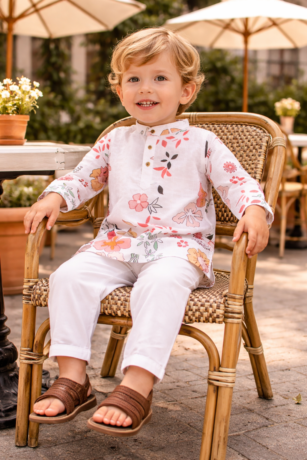 TB_617_KID kids floral printed kurta pajama set chair sitting lifestyle view
