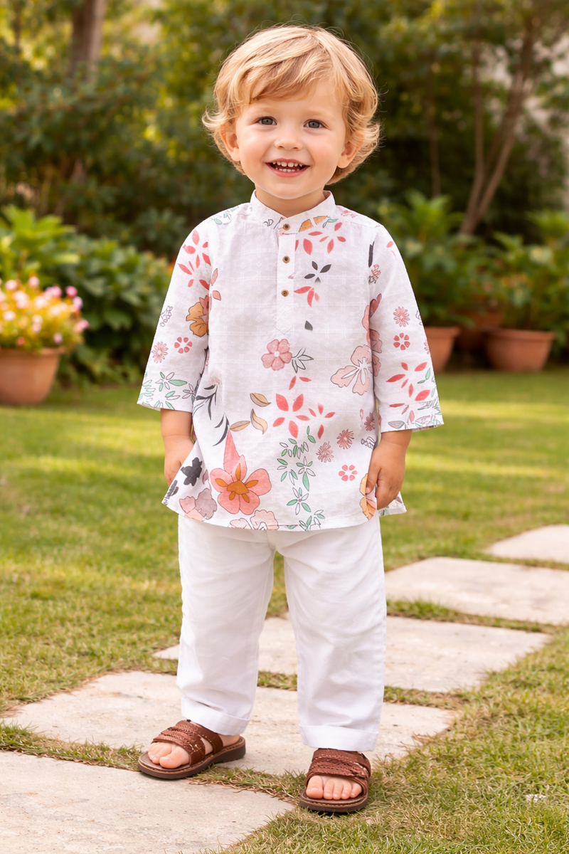 TryBuy Boys White Floral Embroidered Printed Kurta Pajama Set - Size 20 (3-4 Years) | TB_617_KID 1