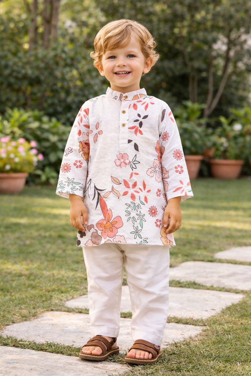 TB_617_KID kids floral printed kurta pajama set front standing view