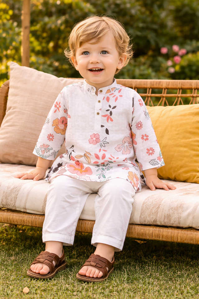 TB_617_KID kids floral printed kurta pajama set sitting lifestyle view