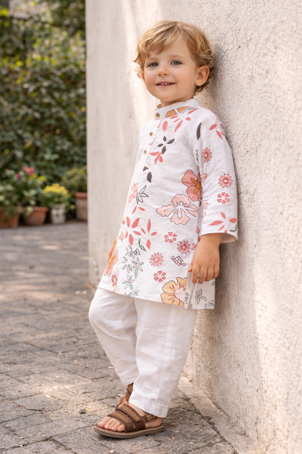 TB_617_KID kids floral printed kurta pajama set wall pose view