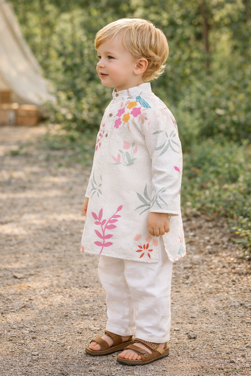 TryBuy Boys Off White Floral Embroidered Printed Kurta Pajama Set - Size 20 (3-4 Years) | TB_620_KID 3
