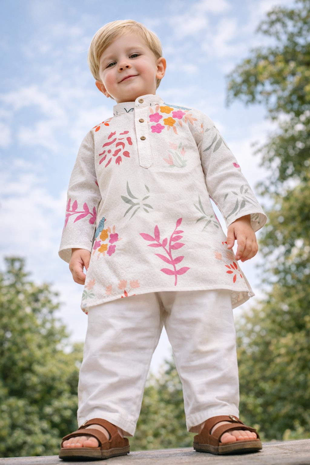 TryBuy boys off white floral printed kurta low angle detail image