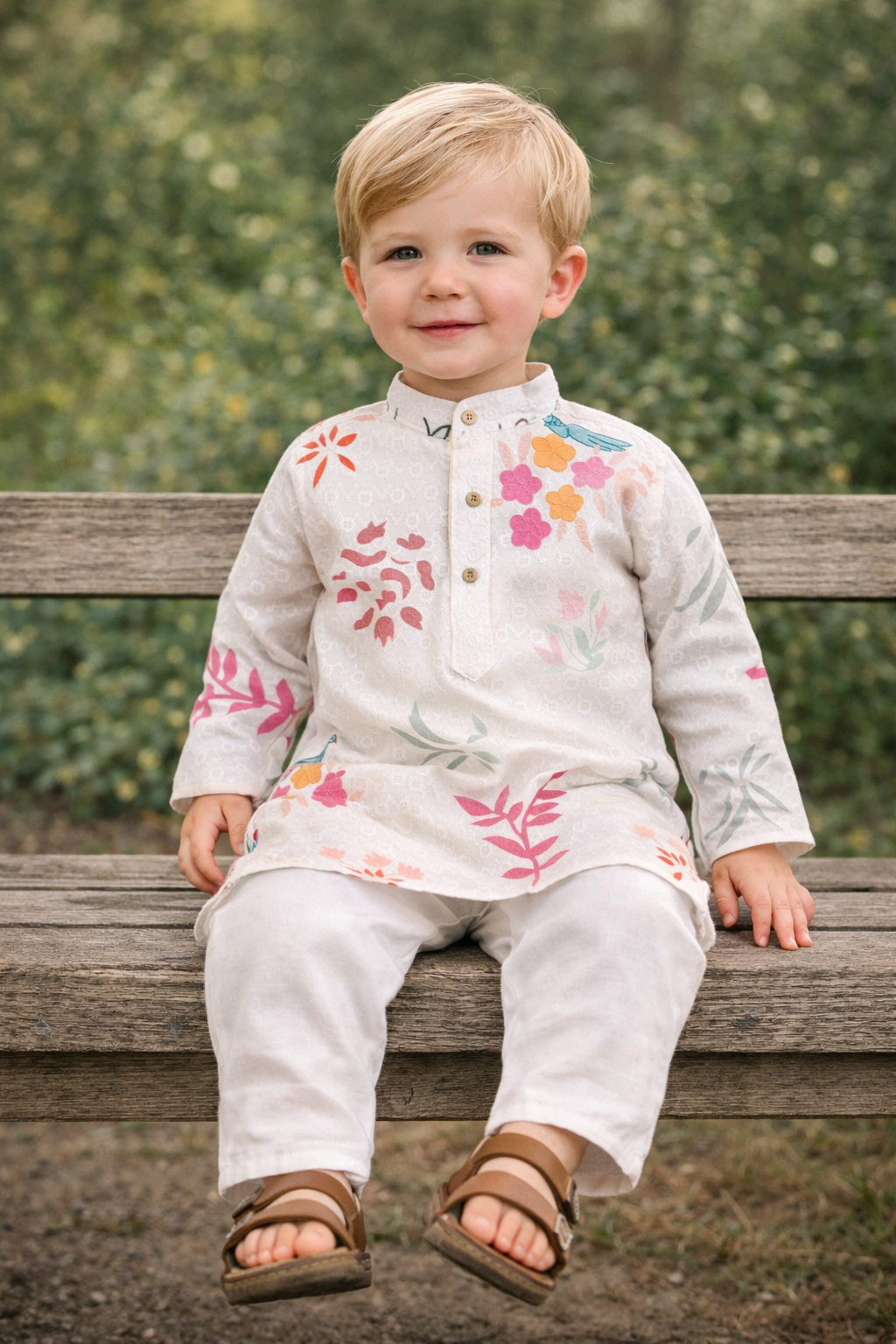 TryBuy boys off white floral printed kurta seated bench image