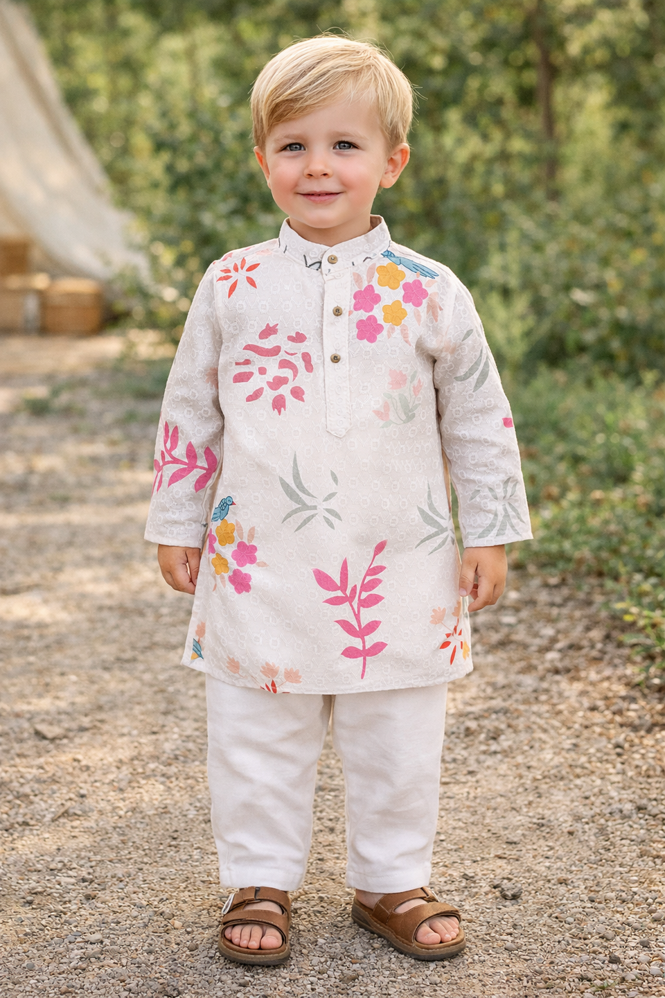 TryBuy boys off white floral printed kurta set size 20 3-4 years front full length view