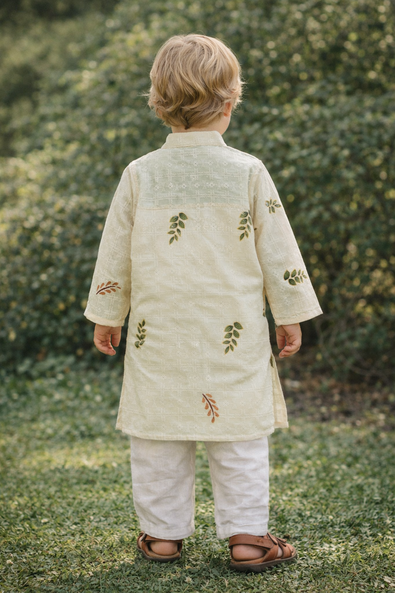 TryBuy Boys Ivory Leaf Embroidered Printed Kurta Pajama Set - Size 20 (3-4 Years) | TB_623_KID 4