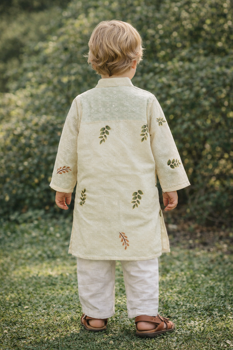 TryBuy Boys Ivory Leaf Embroidered Printed Kurta Pajama Set - Size 20 (3-4 Years) | TB_623_KID 7