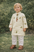 TryBuy Boys Ivory Leaf Embroidered Printed Kurta Pajama Set - Size 20 (3-4 Years) | TB_623_KID