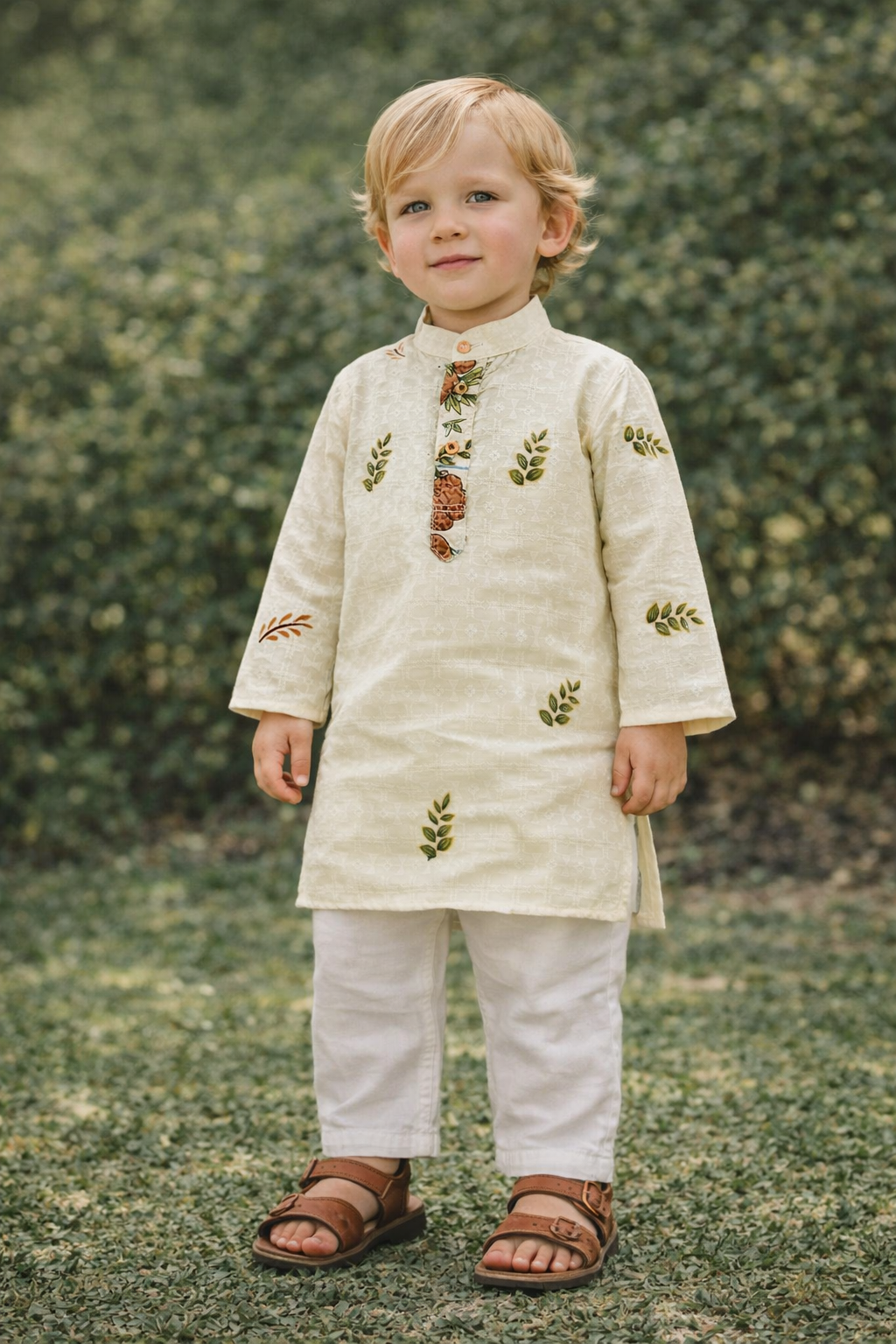 TryBuy Boys Ivory Leaf Embroidered Printed Kurta Pajama Set - Size 20 (3-4 Years) | TB_623_KID