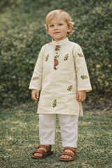 TryBuy Boys Ivory Leaf Embroidered Printed Kurta Pajama Set - Size 20 (3-4 Years) | TB_623_KID 1