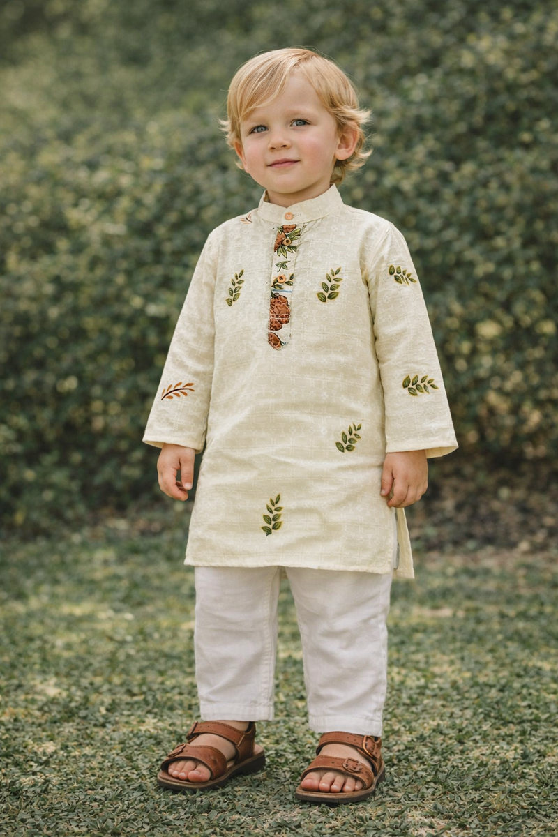 TryBuy Boys Ivory Leaf Embroidered Printed Kurta Pajama Set - Size 20 (3-4 Years) | TB_623_KID 1
