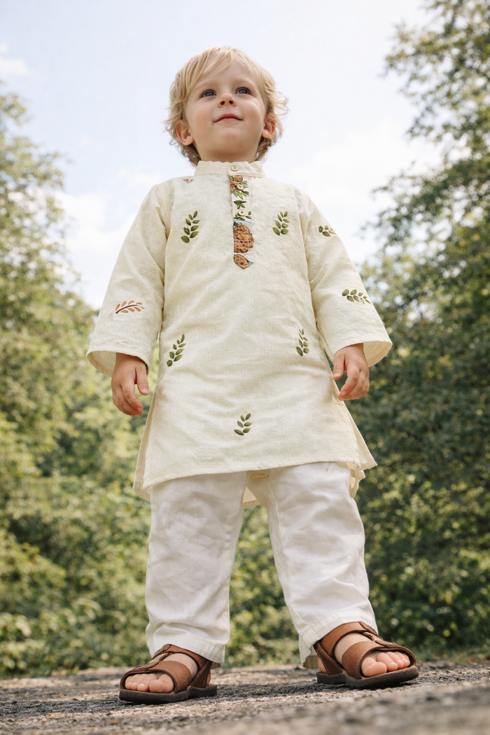 TryBuy Boys Ivory Leaf Embroidered Printed Kurta Pajama Set - Size 20 (3-4 Years) | TB_623_KID 2