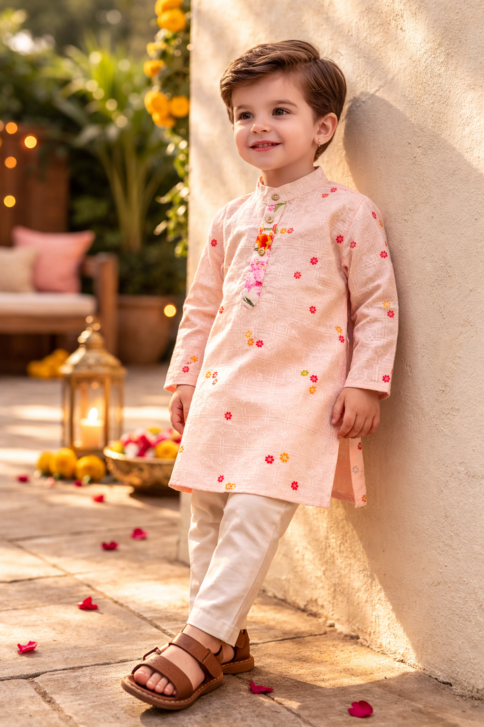 TryBuy Boys Peach Floral Embroidered Printed Kurta Pajama Set - Size 20 (3-4 Years) | TB_624_KID 2