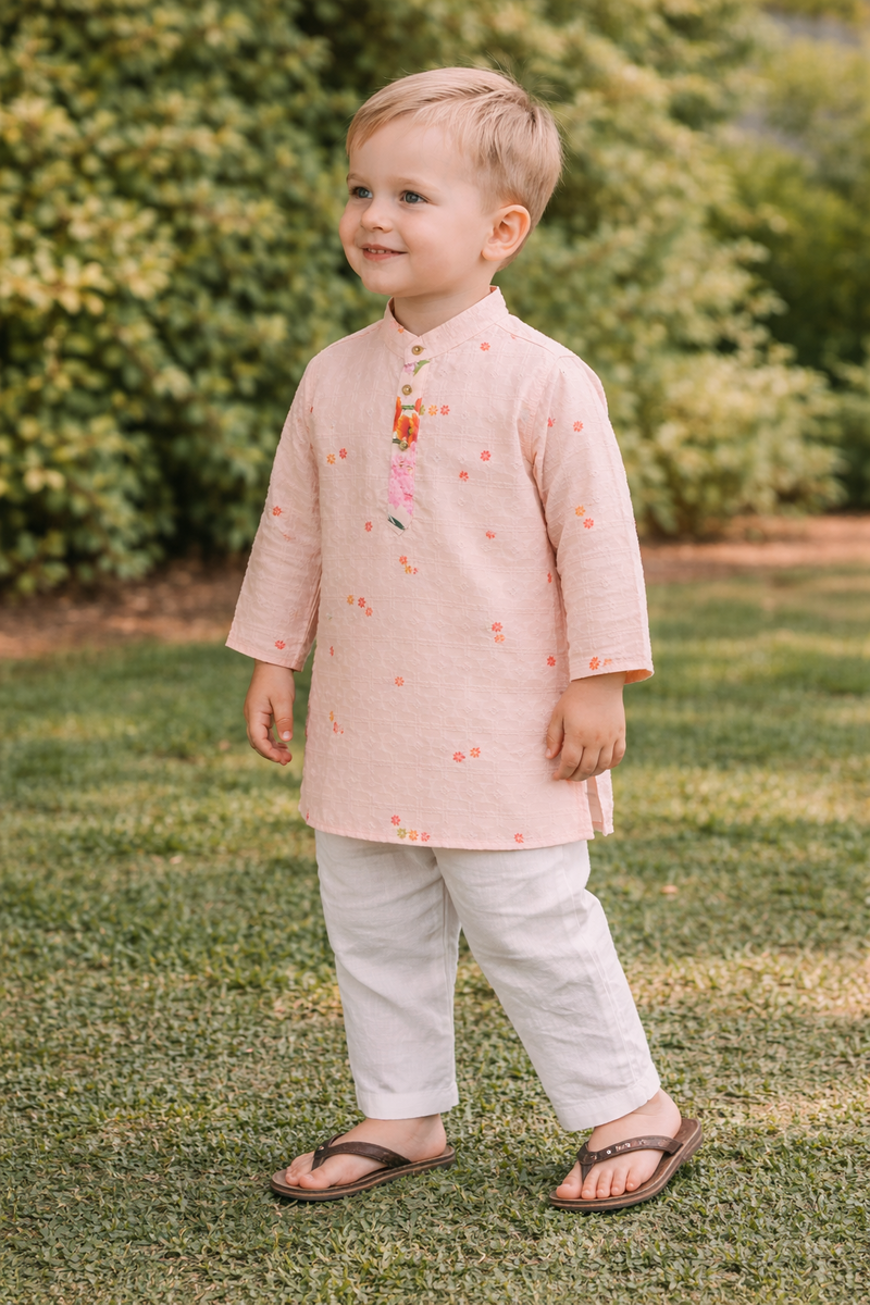 TryBuy Boys Peach Floral Embroidered Printed Kurta Pajama Set - Size 20 (3-4 Years) | TB_624_KID 6