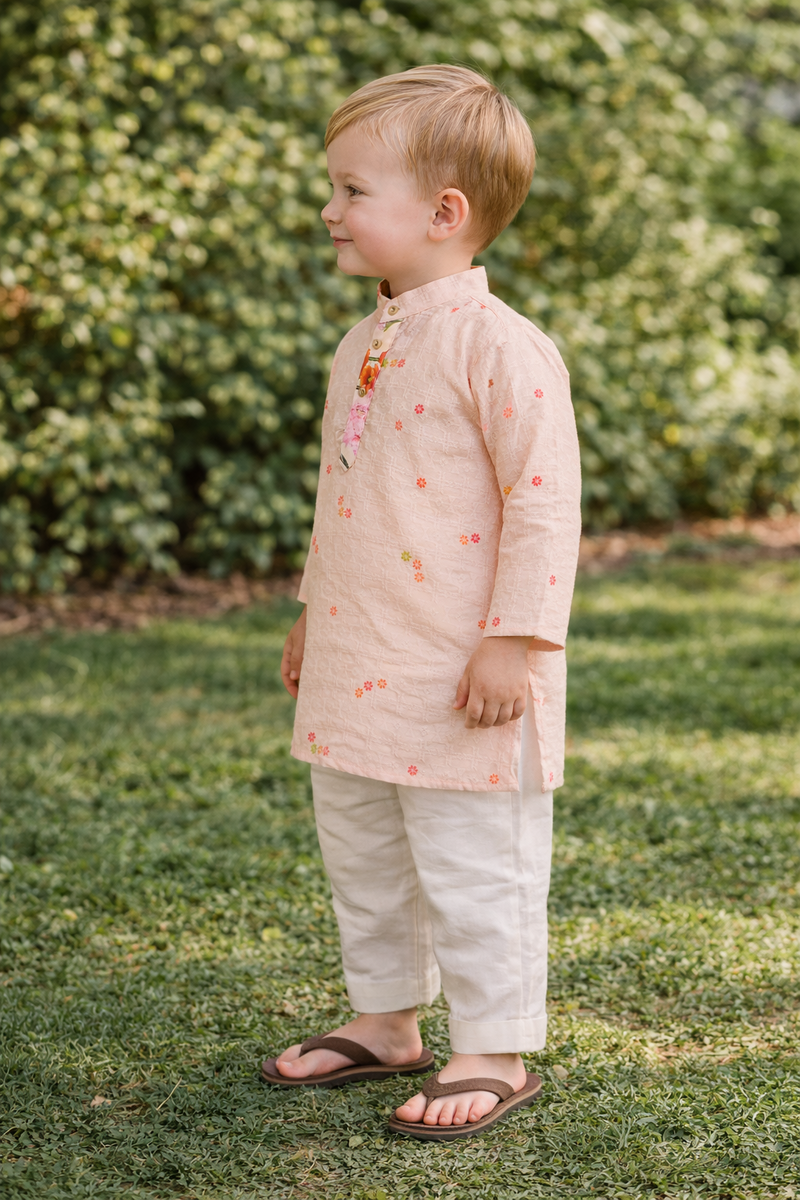 TryBuy Boys Peach Floral Embroidered Printed Kurta Pajama Set - Size 20 (3-4 Years) | TB_624_KID 5