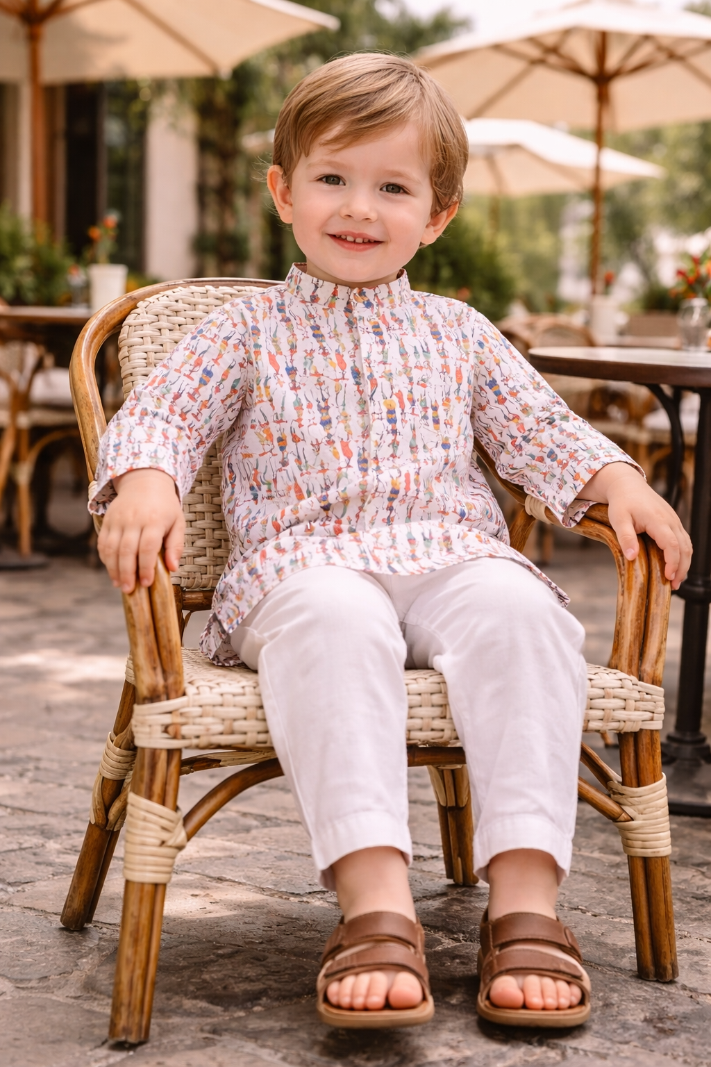 TB_801_KID kids printed kurta pajama set cafe seated lifestyle view