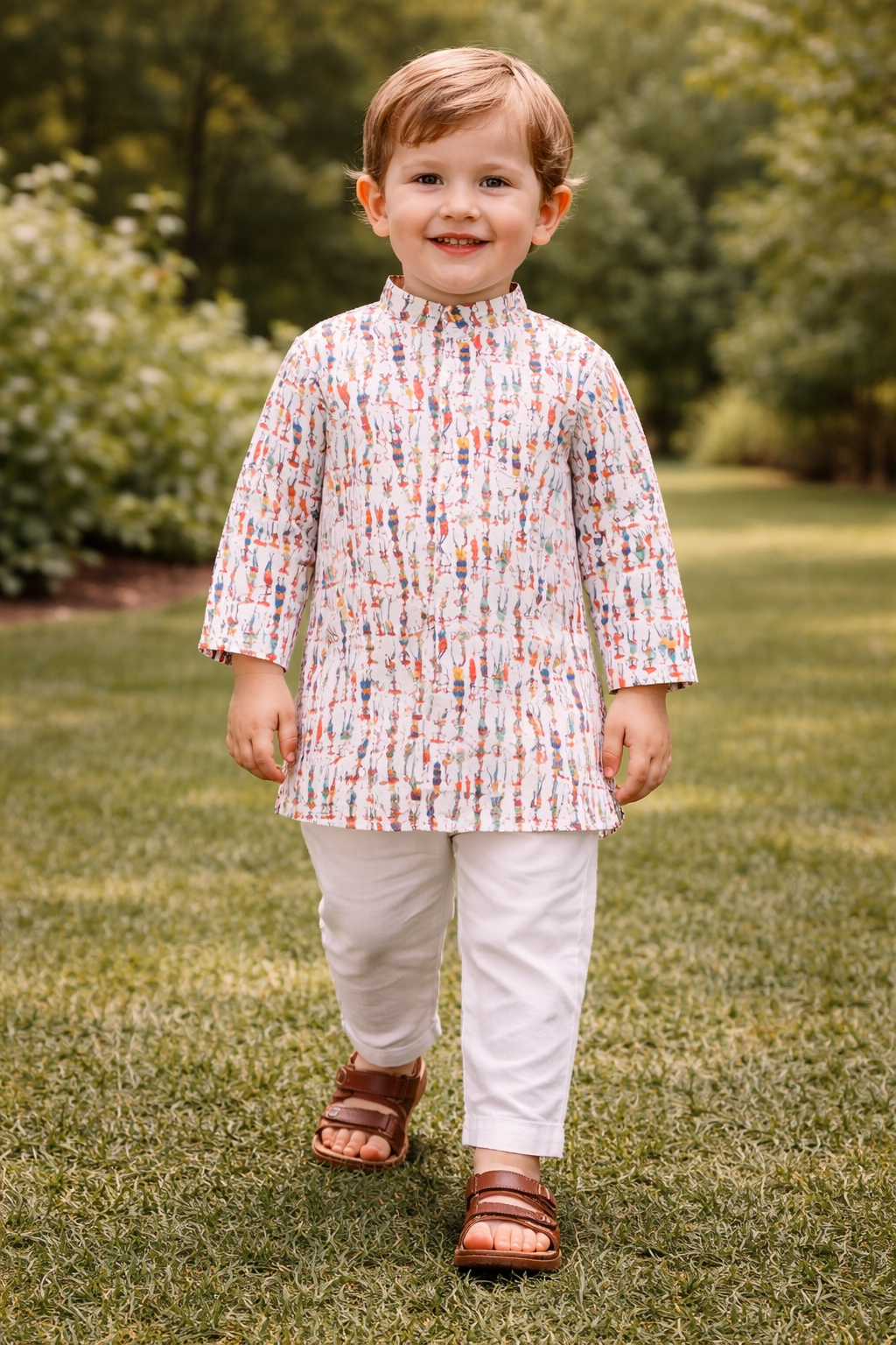 TB_801_KID kids printed kurta pajama set front walking view