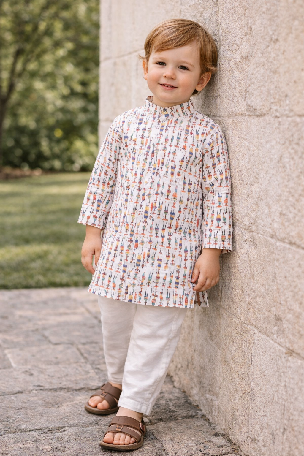 TB_801_KID kids printed kurta pajama set wall pose lifestyle view