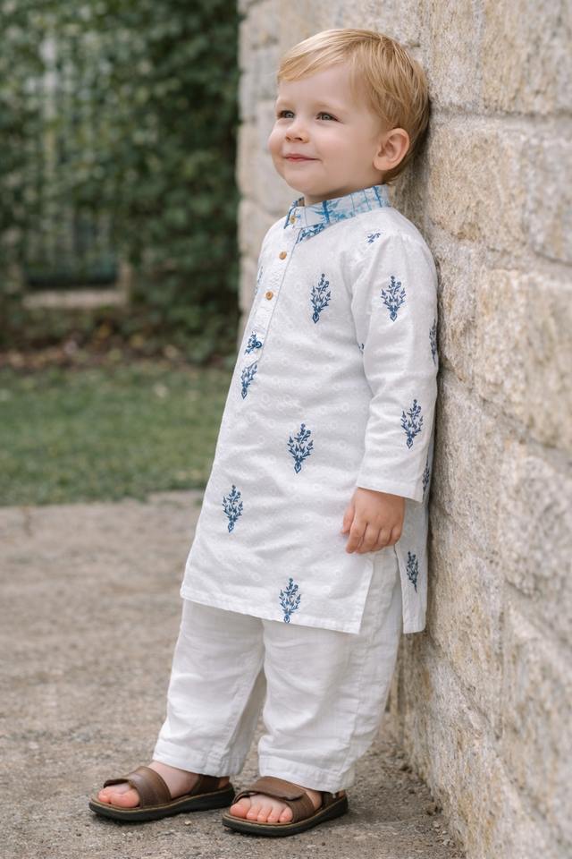 TB_805_KID kids white and blue printed kurta pajama set full front view